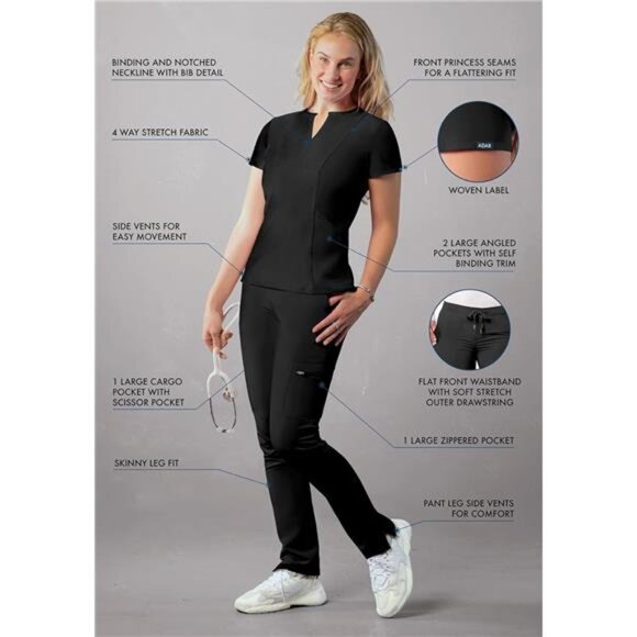 Scrub Set for Women - Notched V-Neck Scrub Top & Skinny Cargo Scrub Pants - Picture 3 of 8